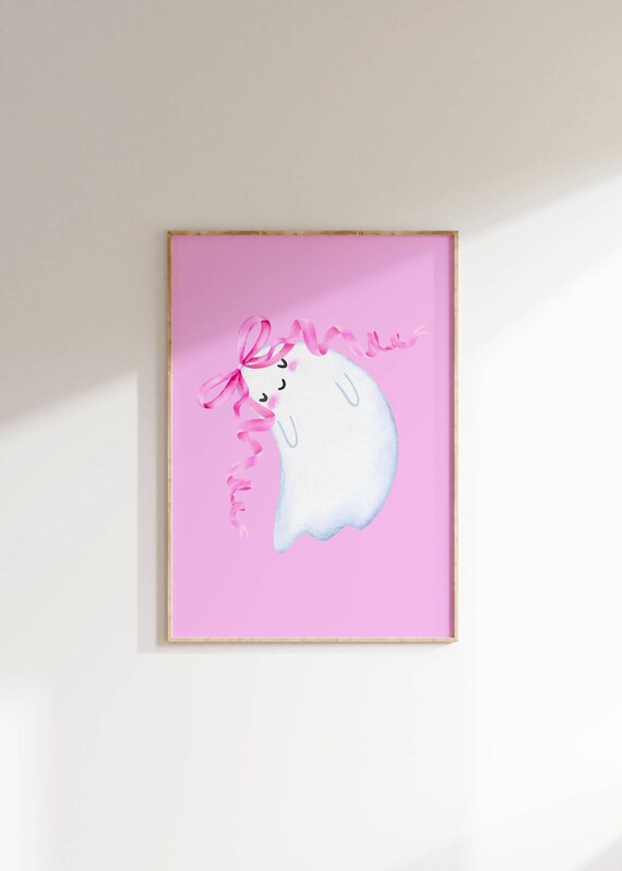 Cute Pink Ghost Wall Art Adorable Halloween Decor Preppy Trendy Pastel Halloween Girls Room Coquette Aesthetic