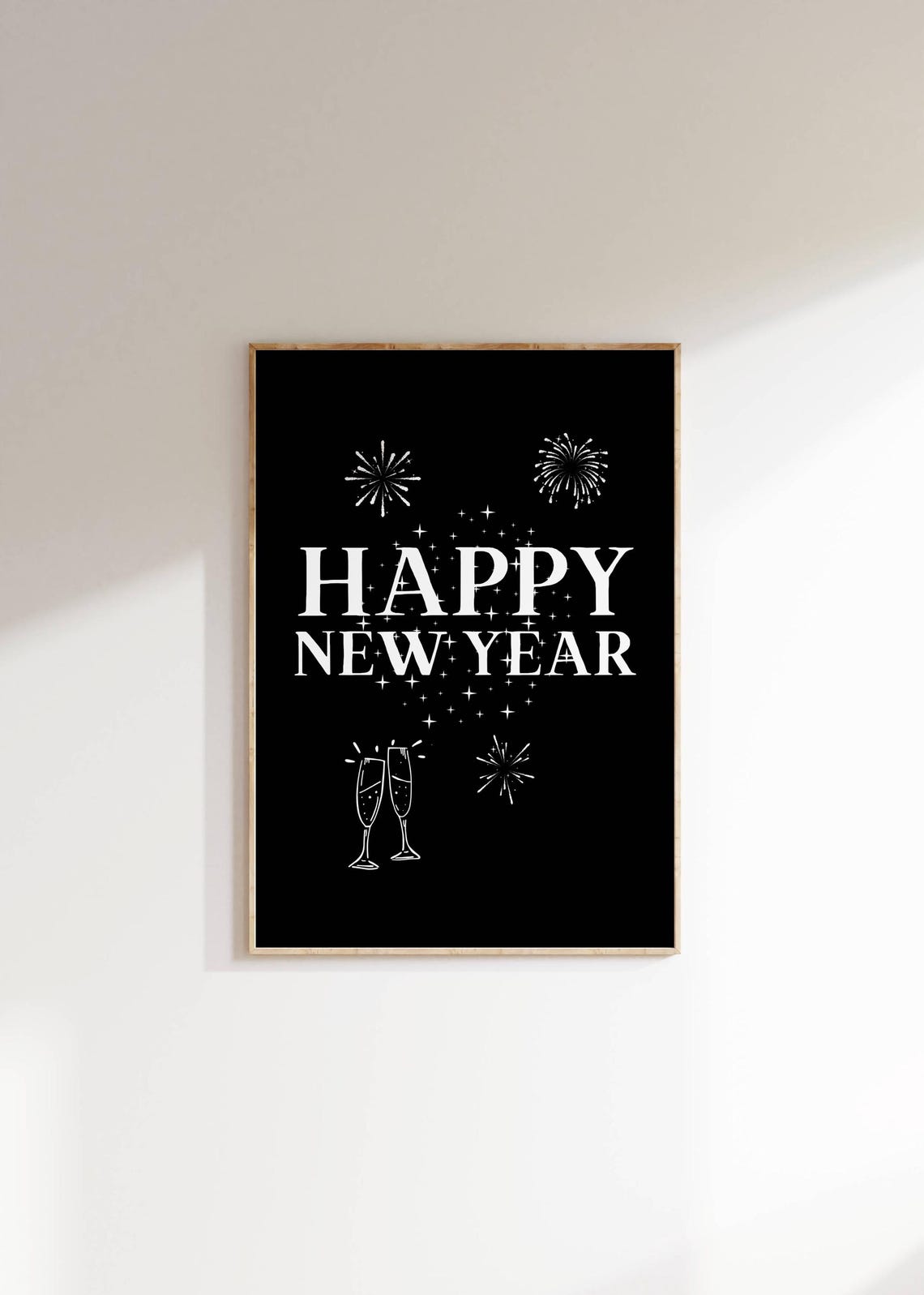Happy New Year Champagne Fireworks Black White Modern Party Poster