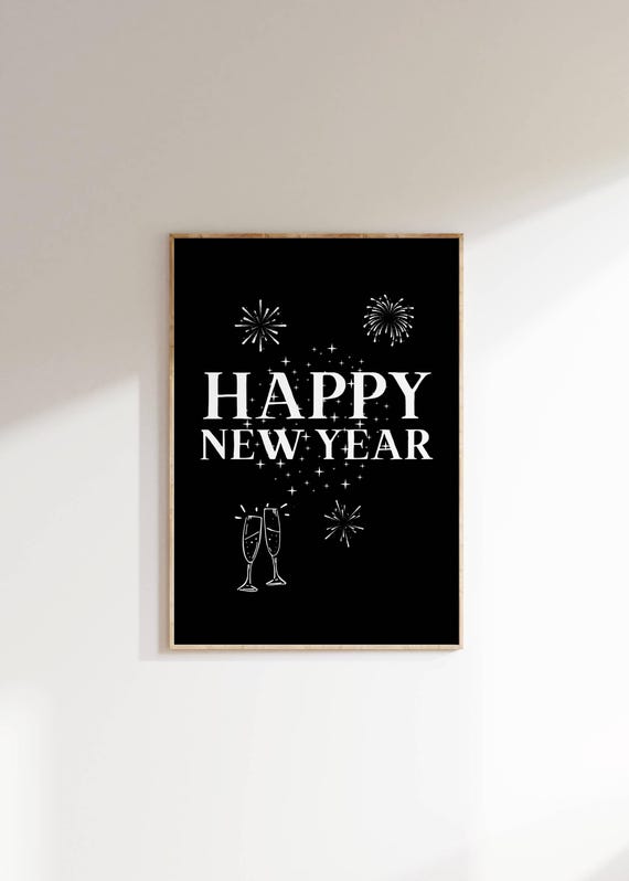 Happy New Year Wall Art Minimalist Fireworks Celebration Typography Poster Festive Holiday Decor New Years Gift