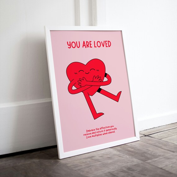 You Are Loved Cute Red Heart Self Hug Pink Affirmation Poster