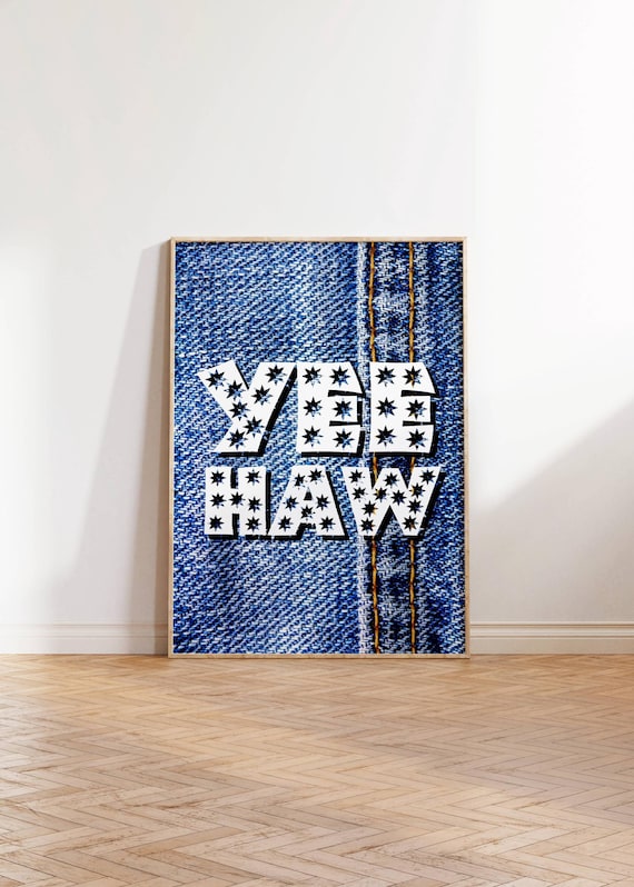 Western Yee Haw Wall Art Denim Print With Star Design Rustic Cowboy Decor Country Western Room Decor Rodeo Themed Art Southern Style Gift