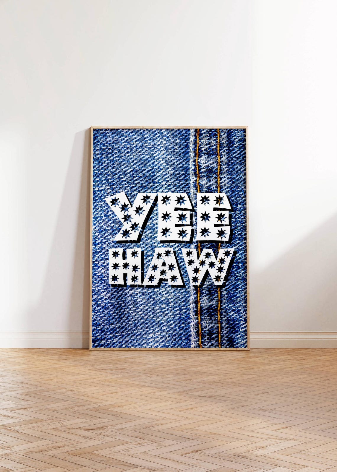 Yee Haw Western Star Denim Cowboy Rustic Decor Typography Poster