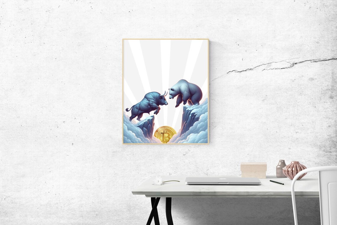 Bitcoin Bear Vs Bull Crypto Market Battle Digital Art Poster - Image 4