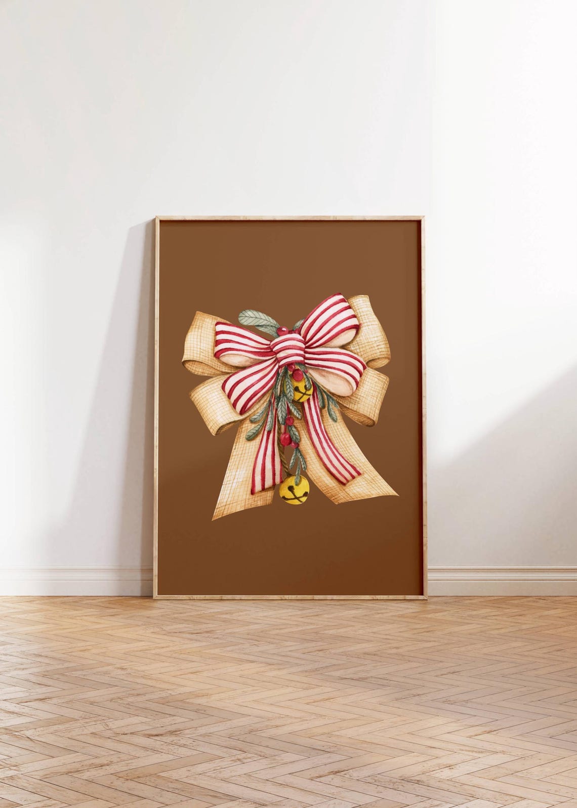 Rustic Christmas Bow Watercolor Red Striped Ribbon with Berries Poster - Image 2