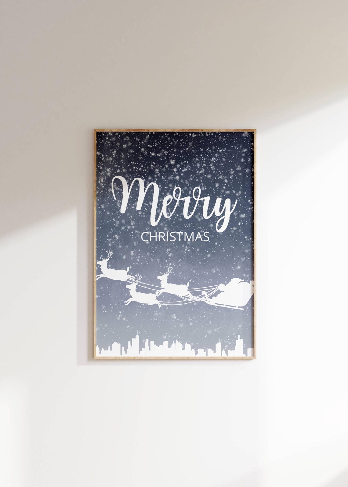 Merry Christmas Santa Sleigh Snowy Night Skyline Holiday Poster