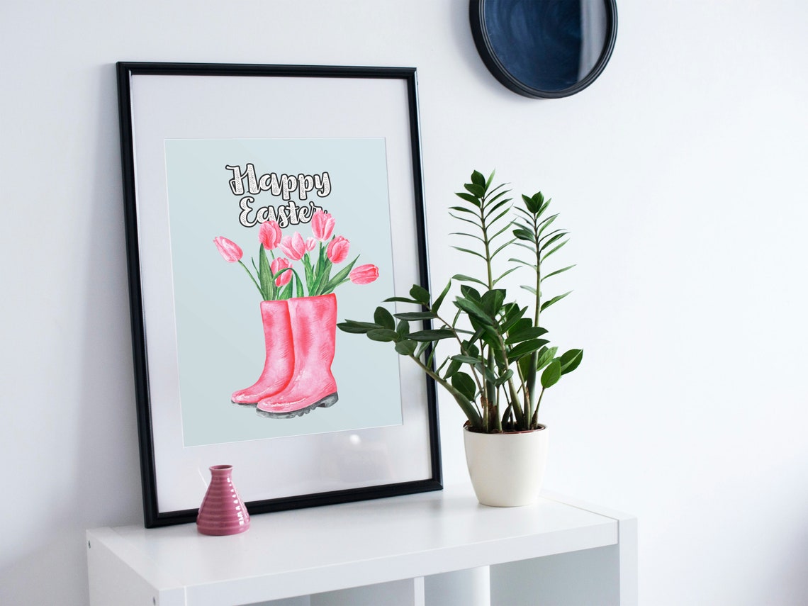 Happy Easter Pink Rain Boots Tulips Watercolor Spring Wall Poster - Image 2