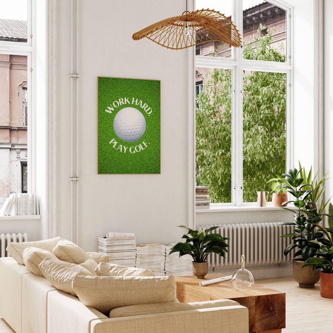 Work Hard Play Golf Quote Poster With Funny Golf Ball On Green Grass - Image 2