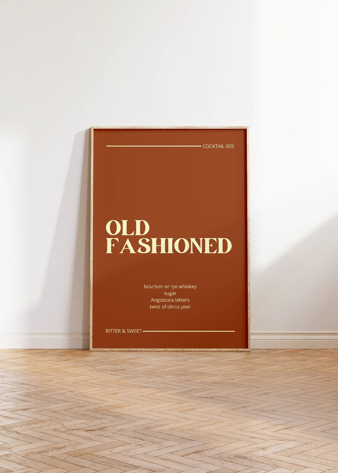 Old Fashioned Cocktail Recipe Burnt Orange Minimalist Bar Kitchen Art Poster