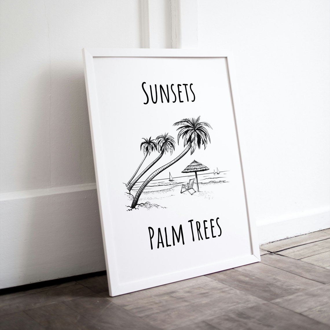 Sunsets Palm Trees Beach Line Sketch Coastal Minimal Art Poster
