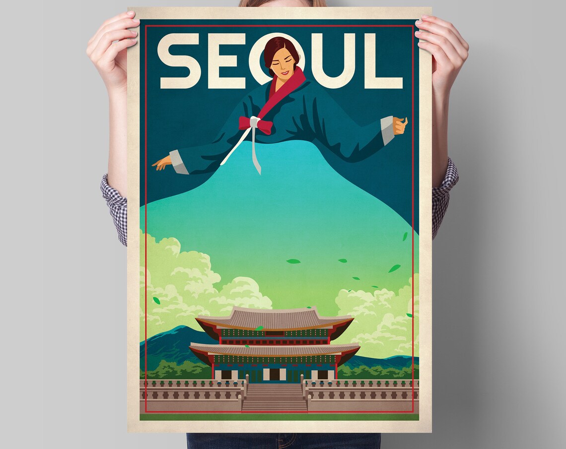 Seoul Vintage Travel Poster, South Korea Illustration