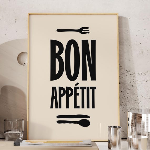 Bon Appetit Kitchen Quote Prints Dining Room Wall Art French Poster Cute Print Minimalist Black And White