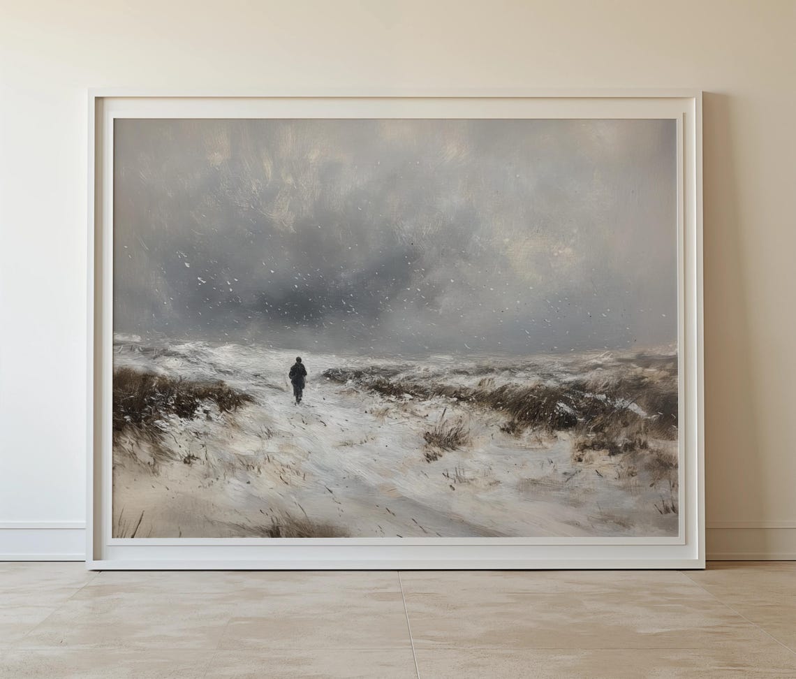Lone Figure Walking Through Snowy Blizzard Moody Winter Field Poster - Image 7