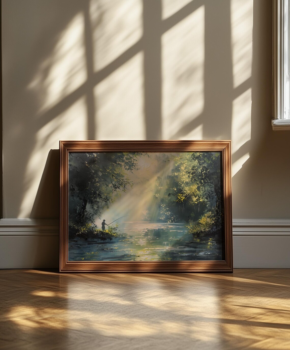 Morning Mist River Painting Fisherman In Sunlit Forest Poster - Image 5