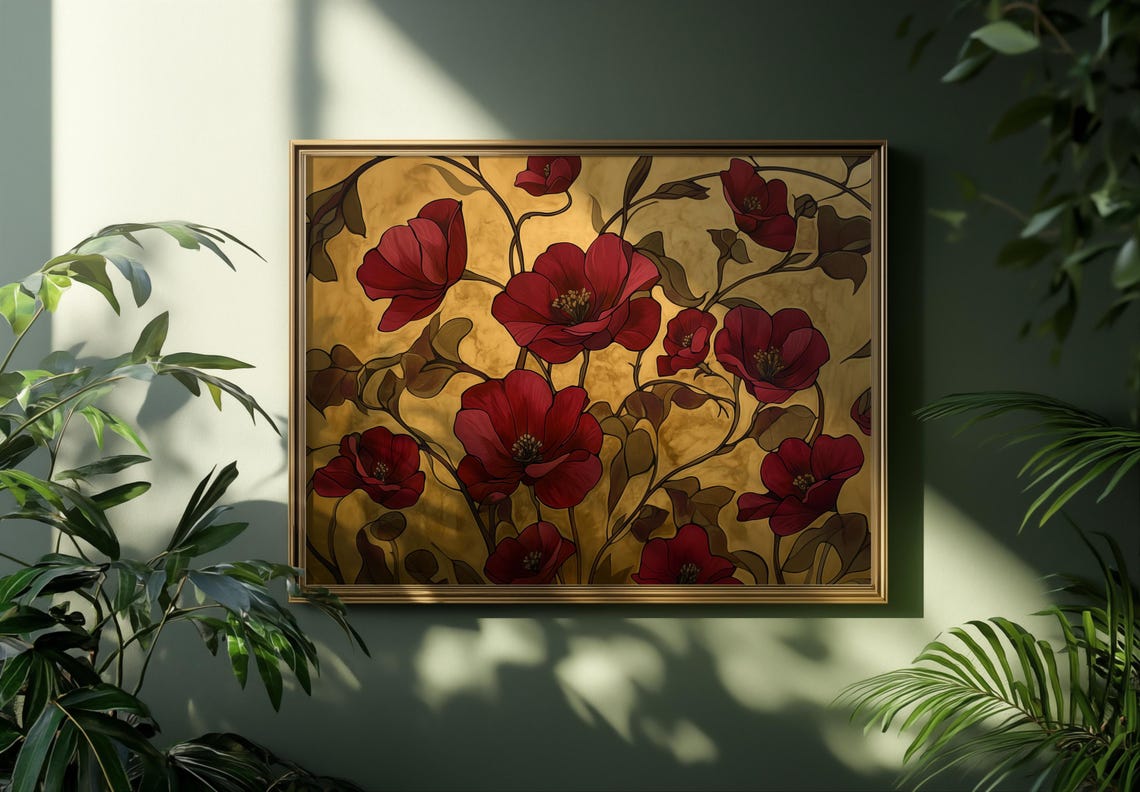 Art Nouveau Red Floral On Gold Elegant Vintage Botanical Poster - Image 6