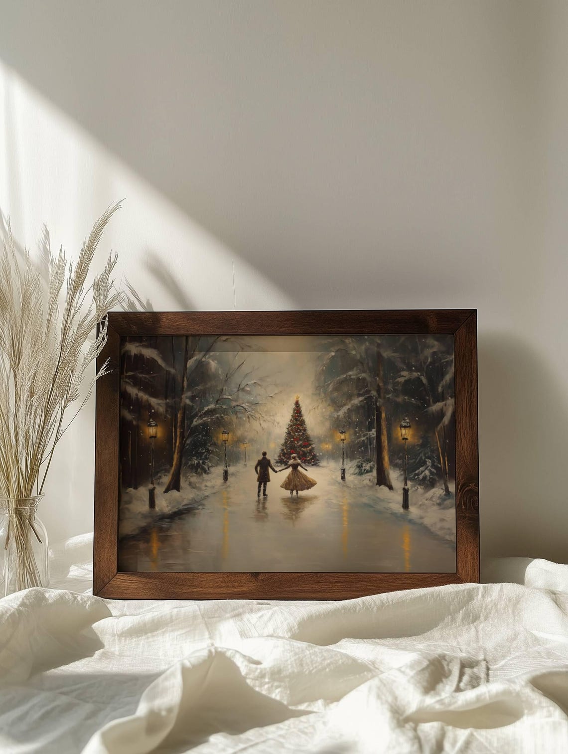 Romantic Ice Skating Couple Christmas Tree Snowy Night Avenue Poster - Image 6