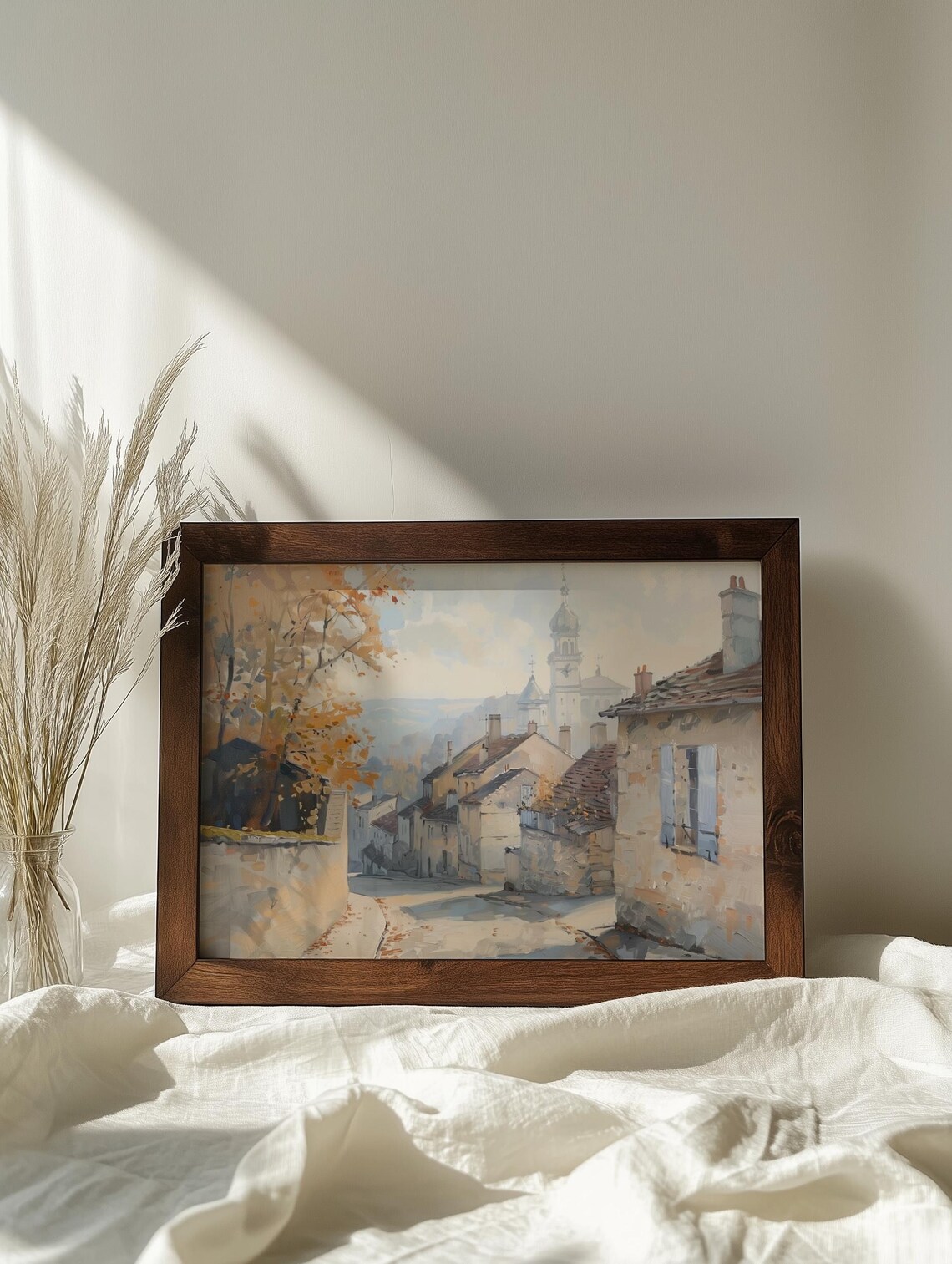 French Village Street Painting Autumn Morning Light Church Tower Poster - Image 5