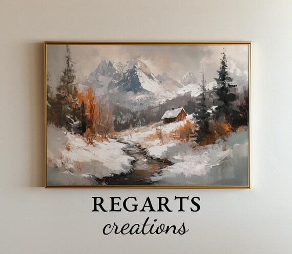 Snowy Mountain Cabin Stream Winter Peaks Rustic Lodge Scene Poster