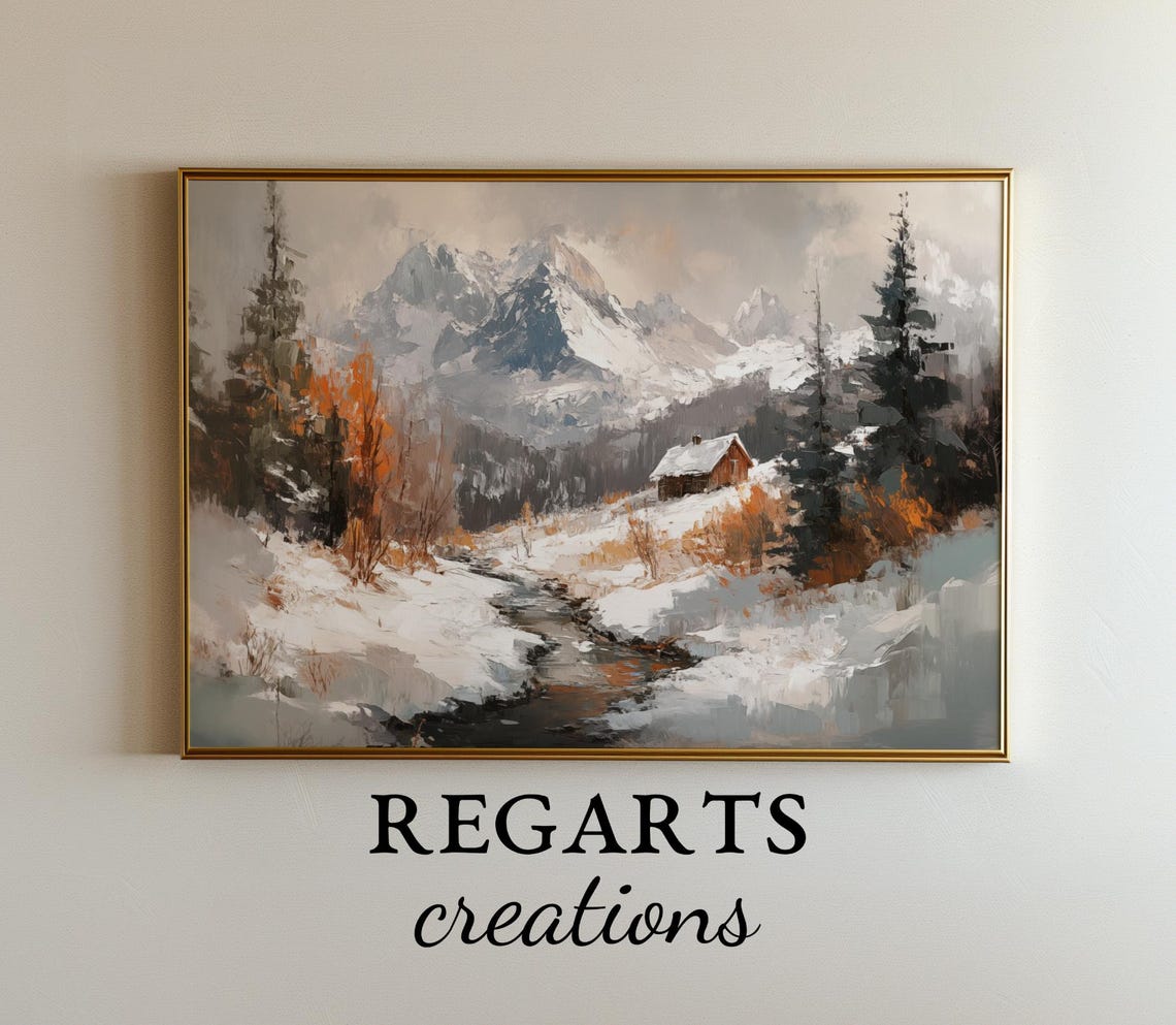 Snowy Mountain Cabin Stream Winter Peaks Rustic Lodge Scene Poster