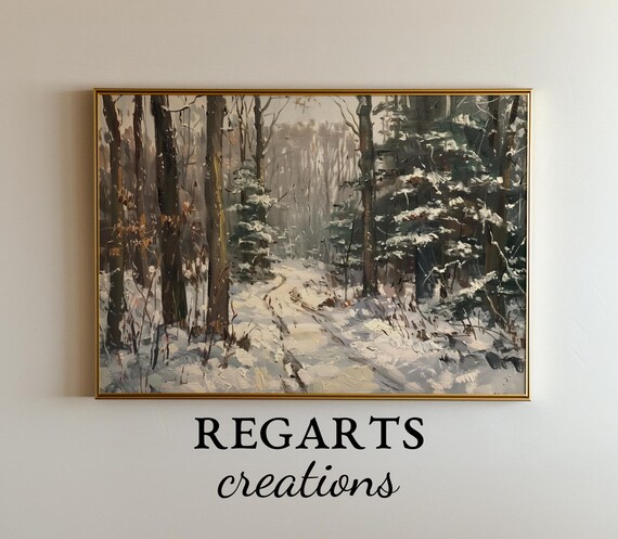 Winter Forest Trail Painting Snowy Pines Moody Woodland Poster