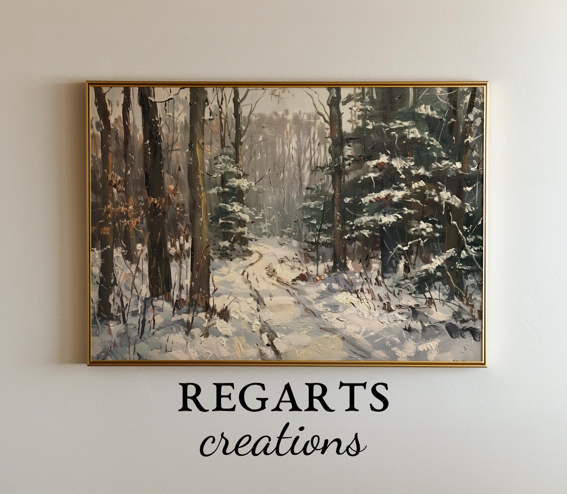 Winter Forest Trail Painting Snowy Pines Moody Woodland Poster