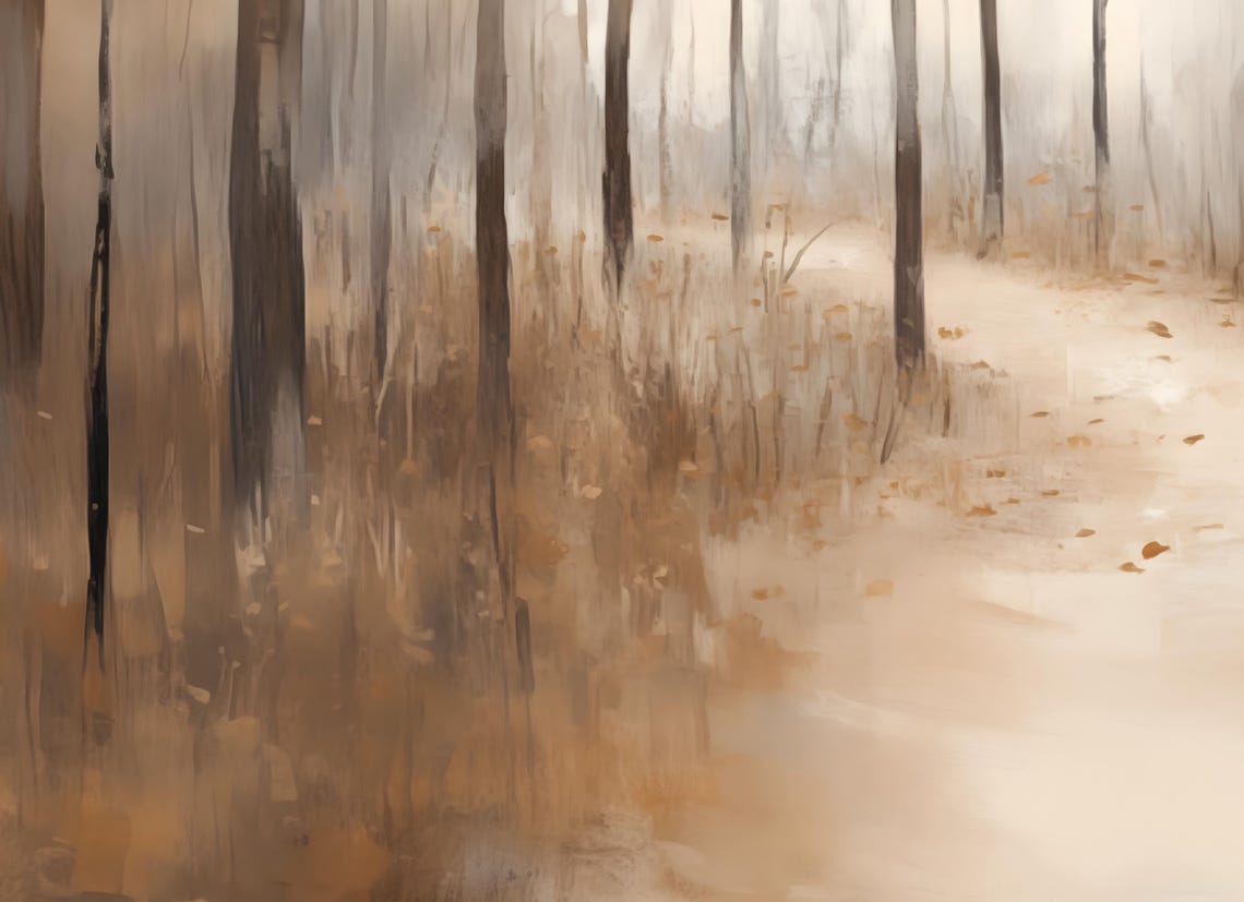 Misty Forest Path Through Tall Trees Neutral Beige Woodland Poster - Image 6