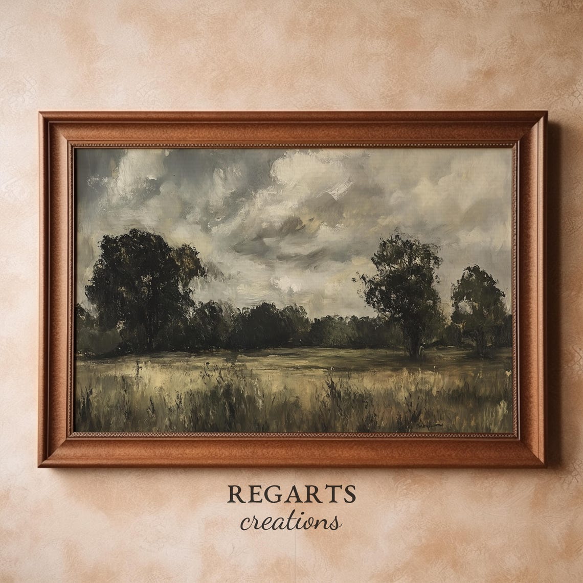 Moody Field Painting Dark Trees Under Dramatic Cloudy Sky Poster - Image 2