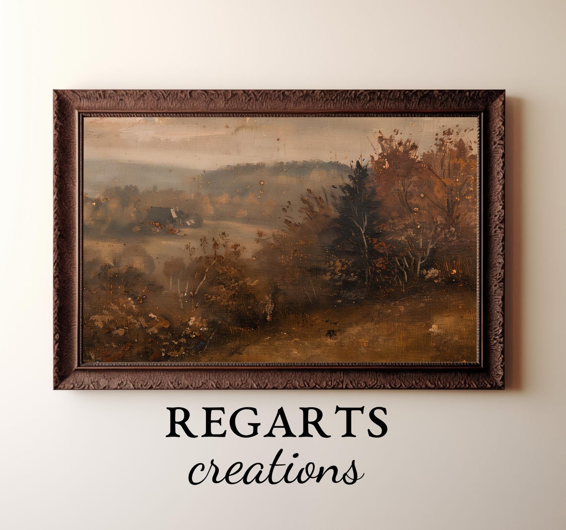Antique Autumn Landscape Painting Muted Farm Valley Scene Poster