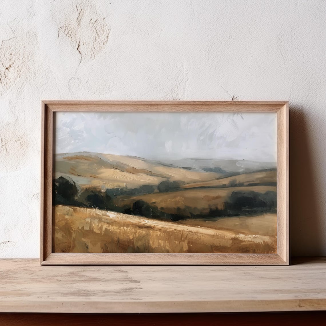 Muted Rolling Hills Landscape Painting Overcast Golden Fields Poster - Image 2