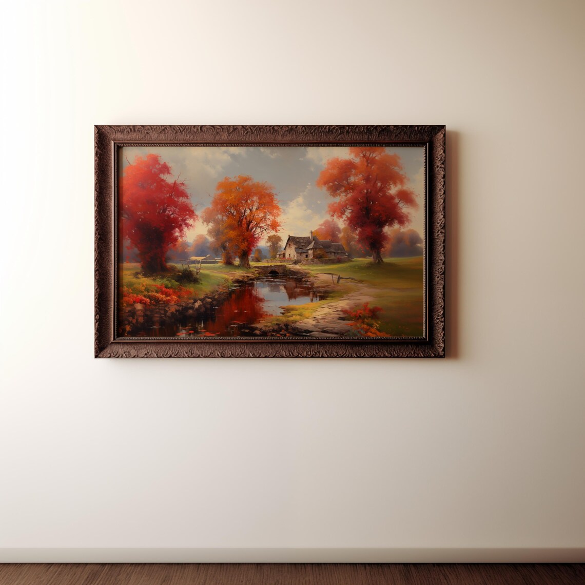 Autumn Village Painting Red Trees By Pond Cottage Scene Poster - Image 6
