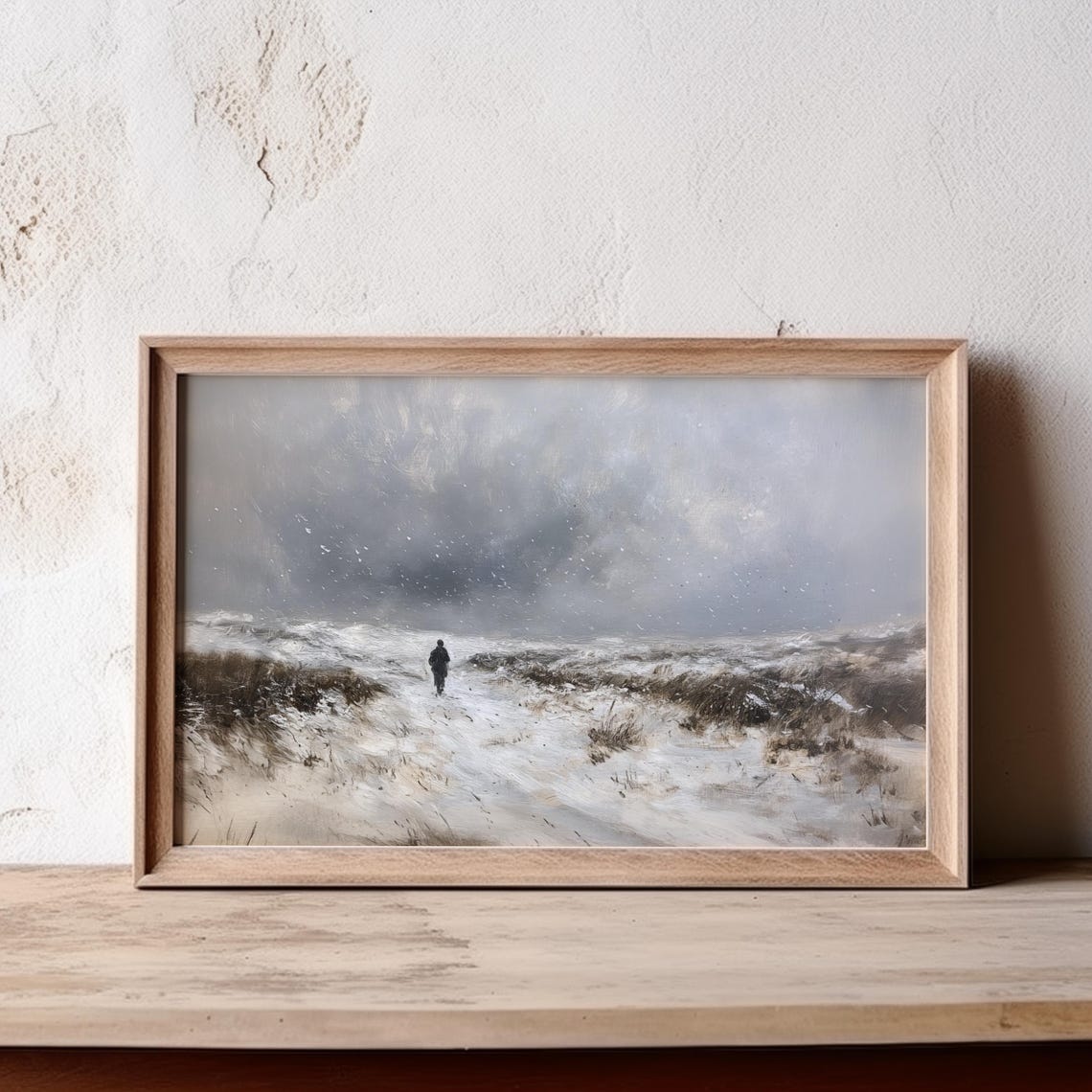 Lone Figure Walking Through Snowy Blizzard Moody Winter Field Poster - Image 4