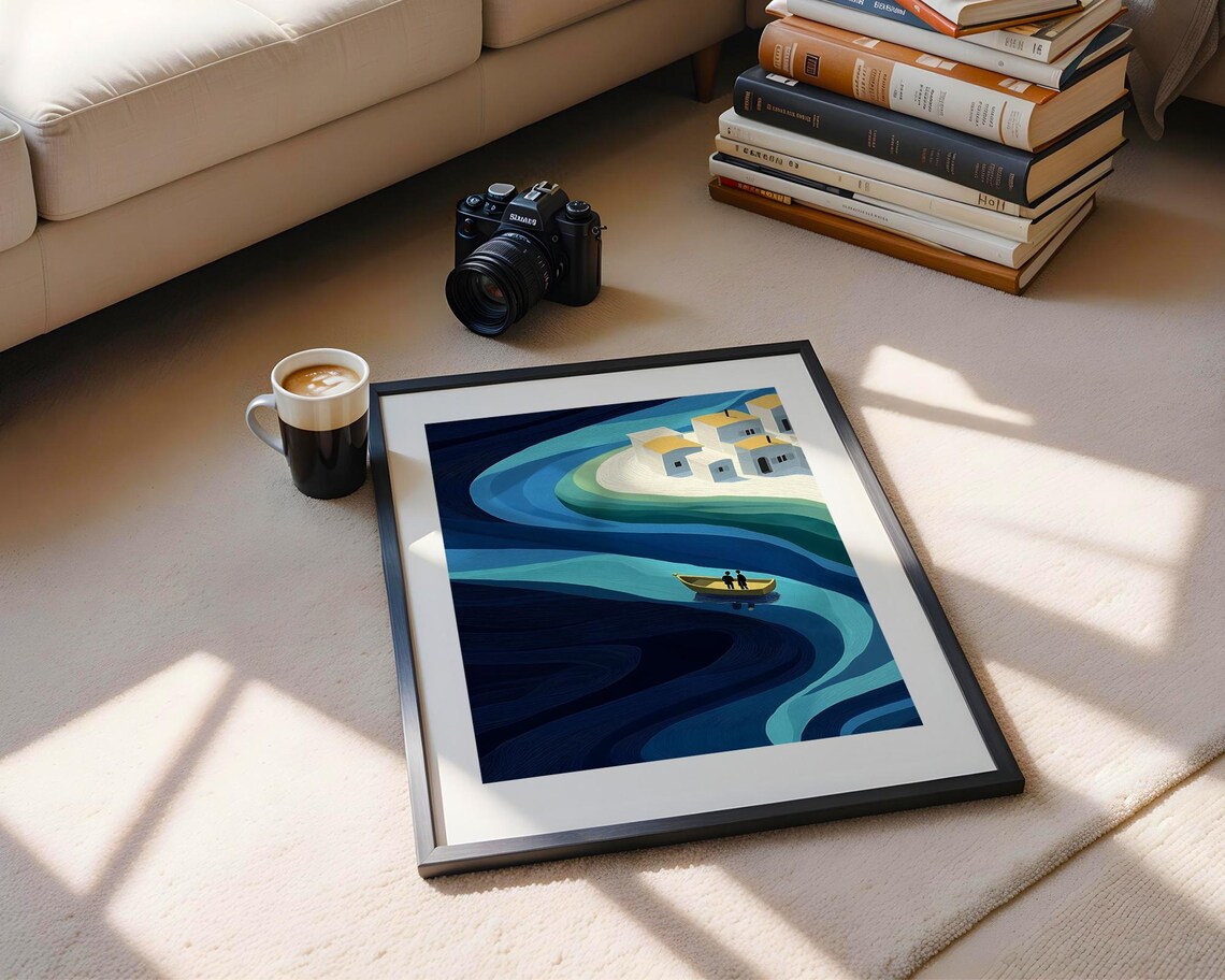 Blue River Boat Coastal Village Houses Minimalist Style Poster - Image 5