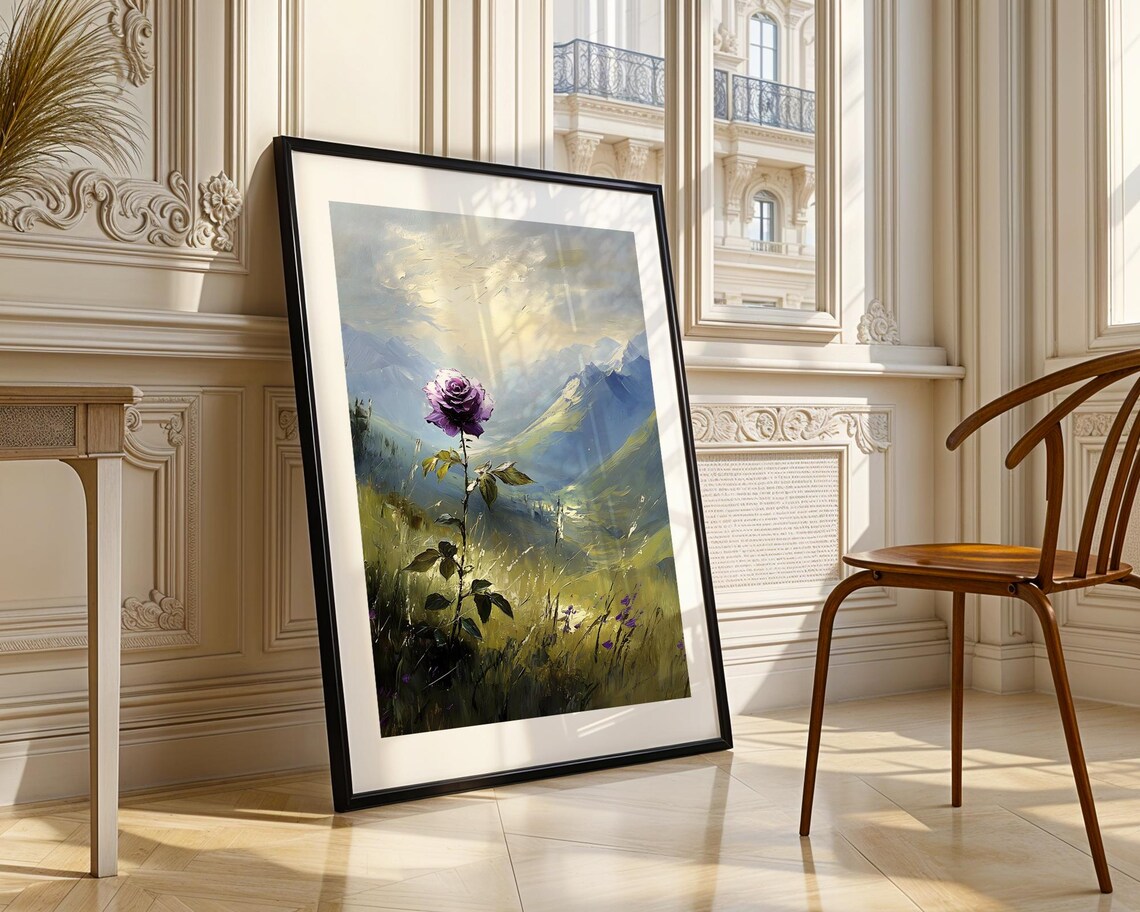 Purple Rose Bloom Green Valley Mountain Landscape Oil Painting Poster - Image 3