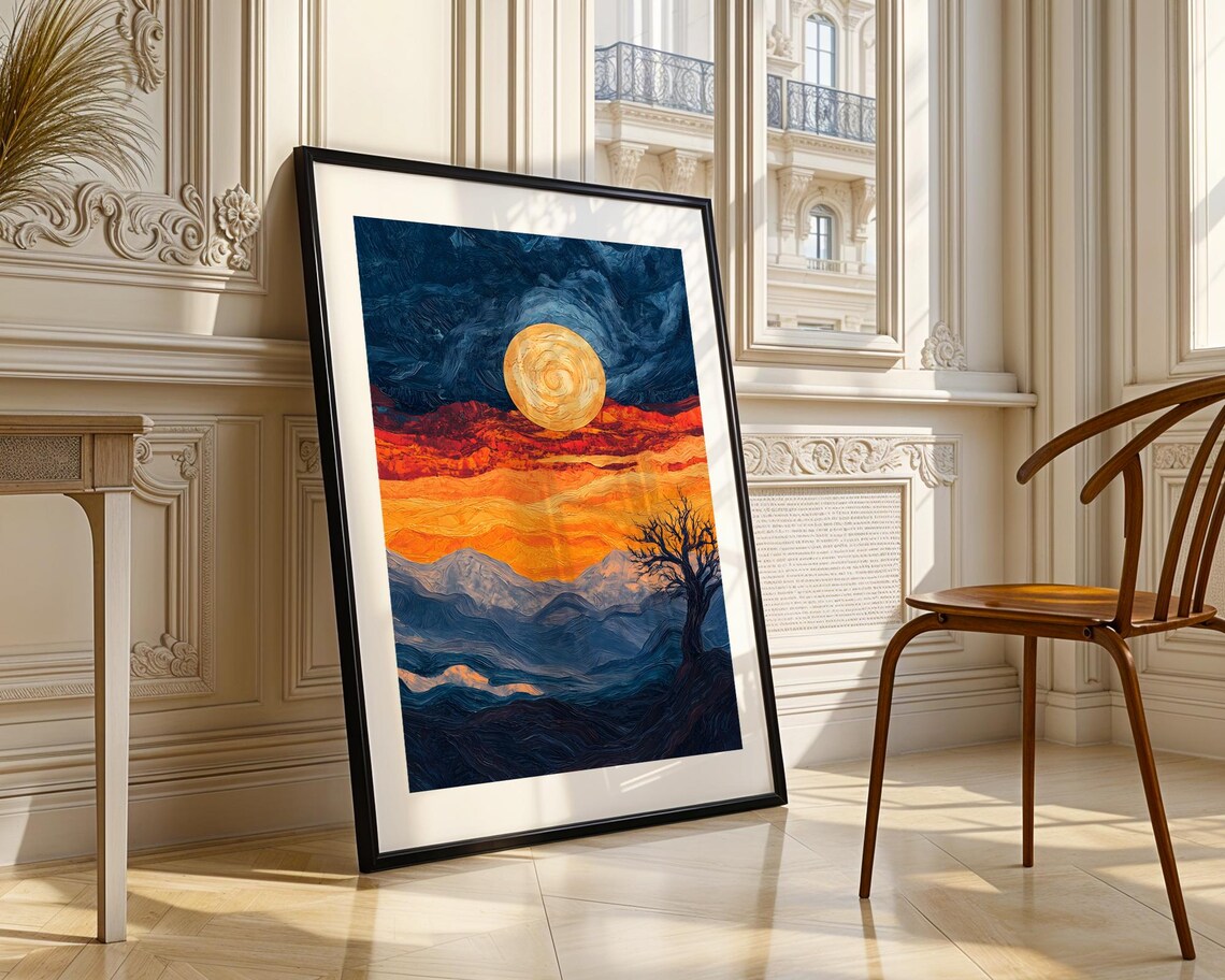 Golden Sun Mountain Night Swirling Blue Impasto Landscape Art Poster