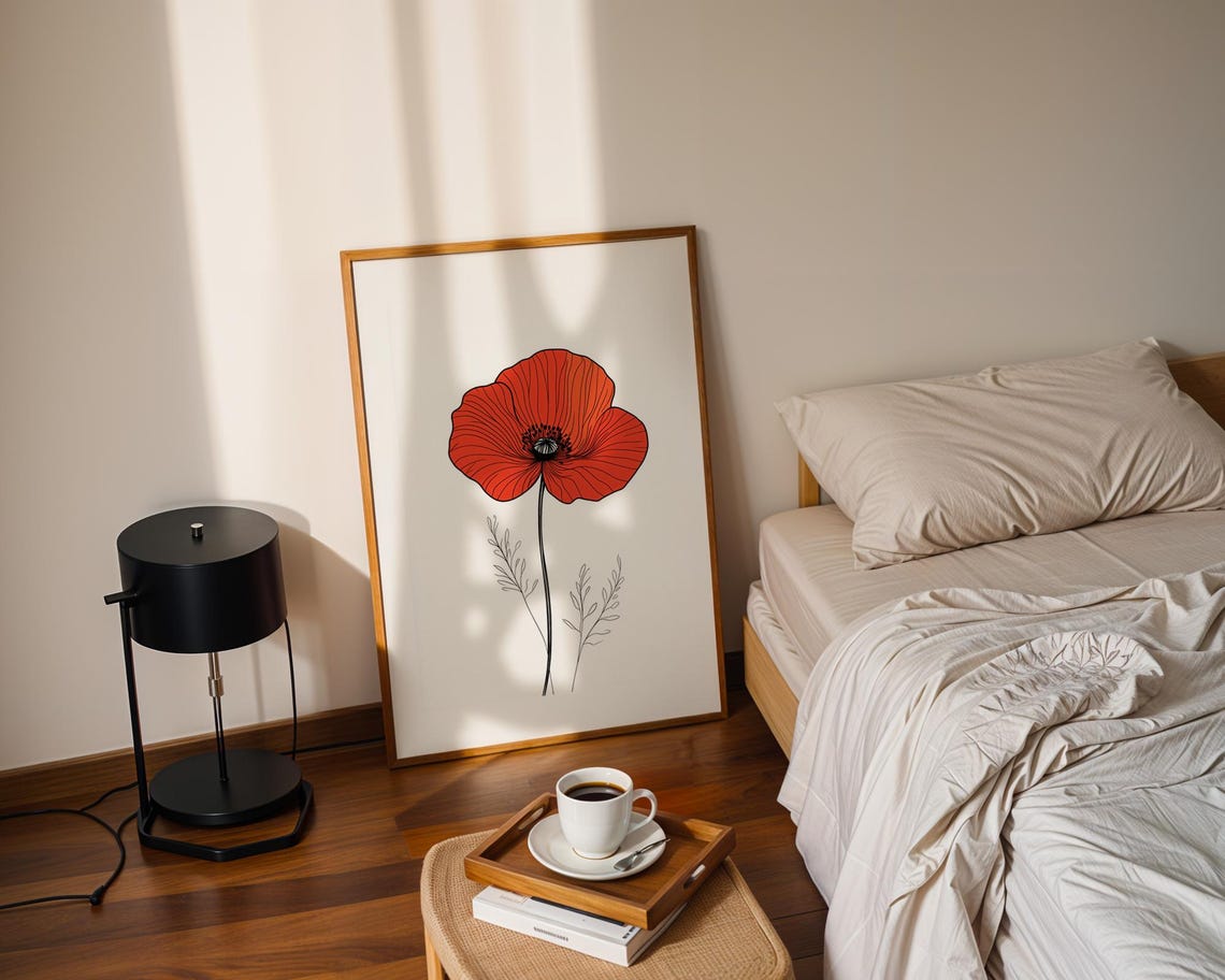Red Poppy Flower Minimalist Line Illustration Simple Modern Poster - Image 2