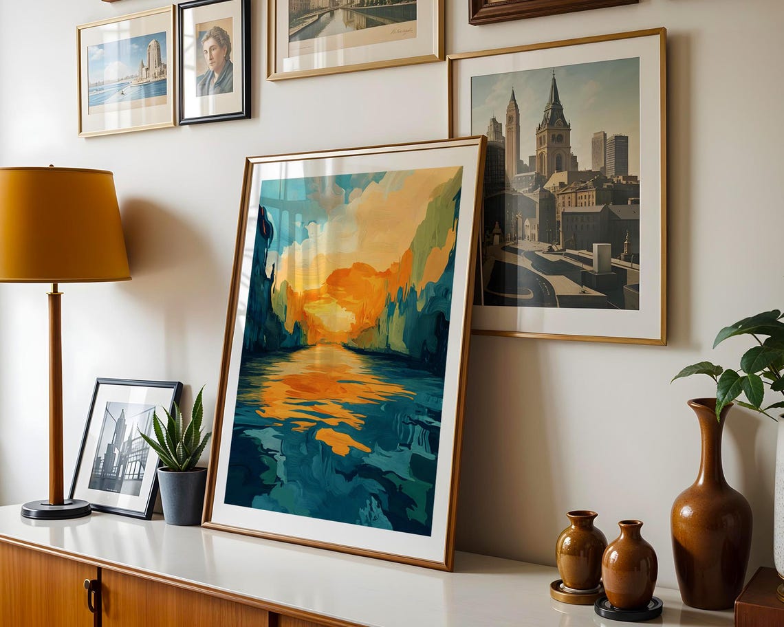 Abstract Sunset River Teal and Orange Impressionist Art Poster - Image 3