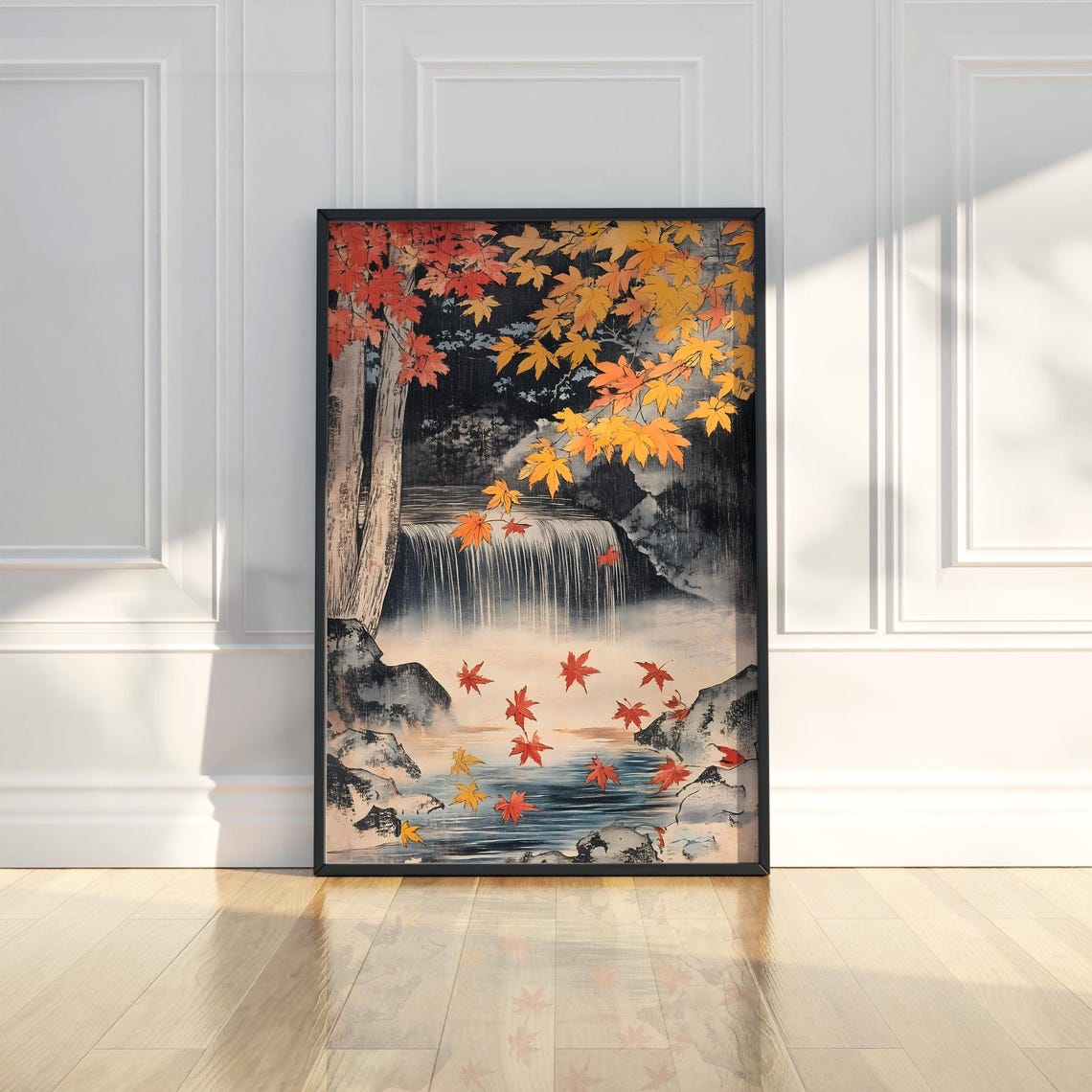 Japanese Autumn Waterfall Art Poster with Falling Red Maple Leaves