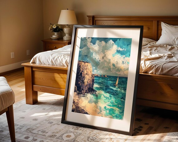 Coastal Cliffs Sailboat Turquoise Sea Impressionist Art Poster