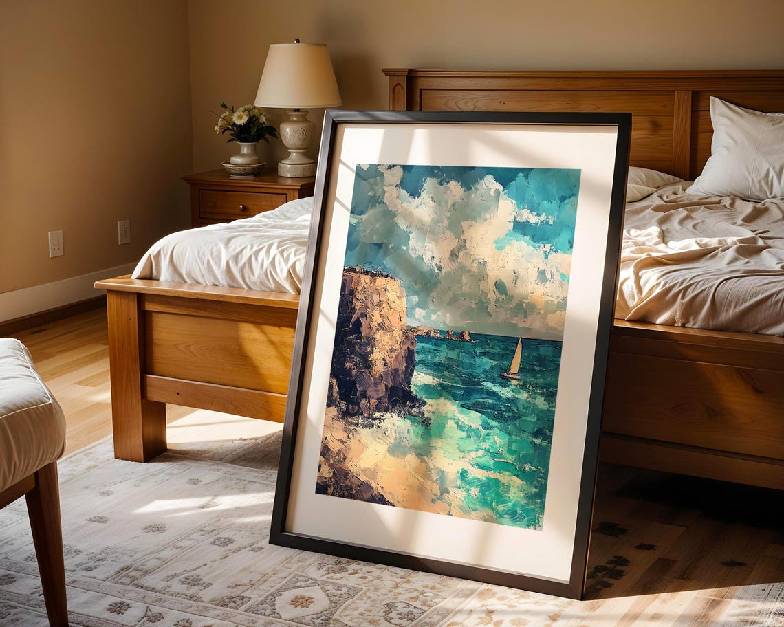 Coastal Cliffs Sailboat Turquoise Sea Impressionist Art Poster