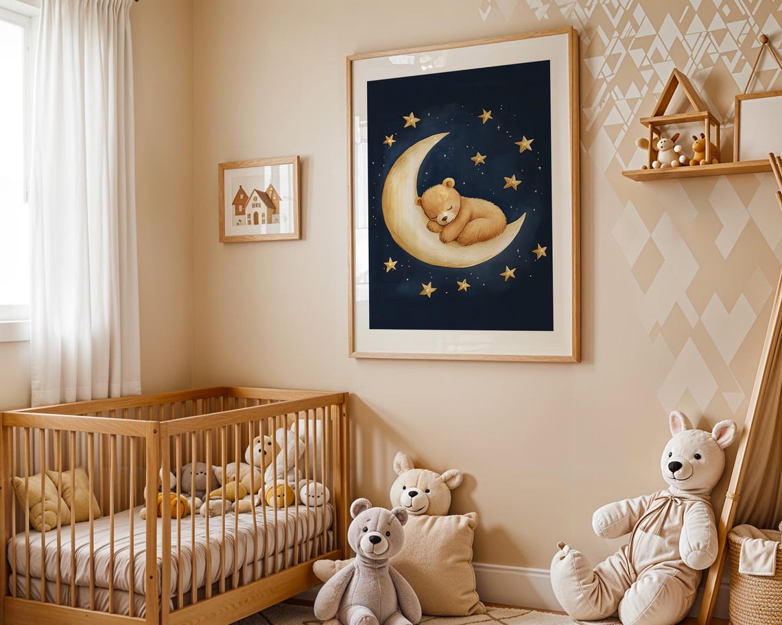 Cute Sleeping Baby Teddy Bear On Moon Night Sky Nursery Wall Art - Image 4