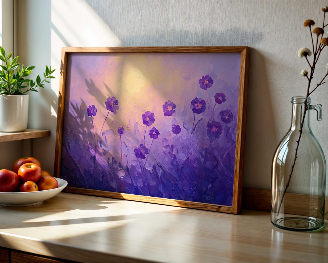 Purple Cosmos Misty Sunrise Lavender Field Dreamy Art Poster - Image 2