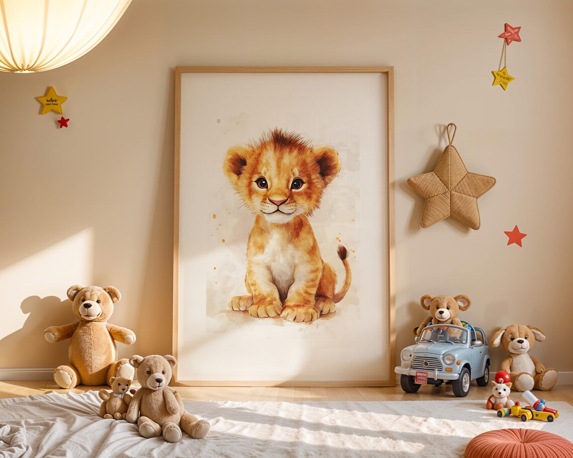 Cute Baby Lion Nursery Wall Art Print Jungle Safari Animal Watercolor Illustration Kids Boy Playroom Room Home Decor - Image 3
