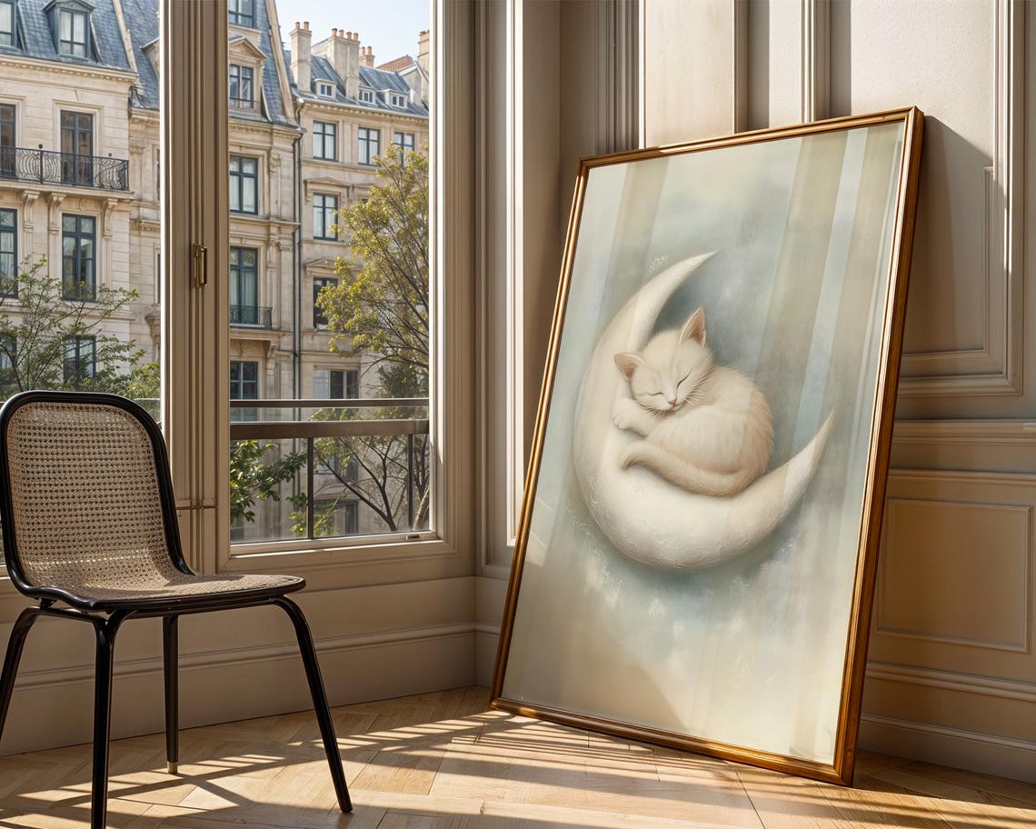 Sleeping White Kitten Crescent Moon Dreamy Nursery Art Print - Image 3