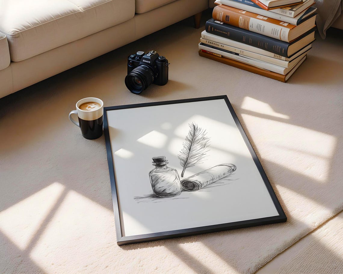 Vintage Ink Bottle Quill Feather Scroll Sketch Still Life Poster - Image 5