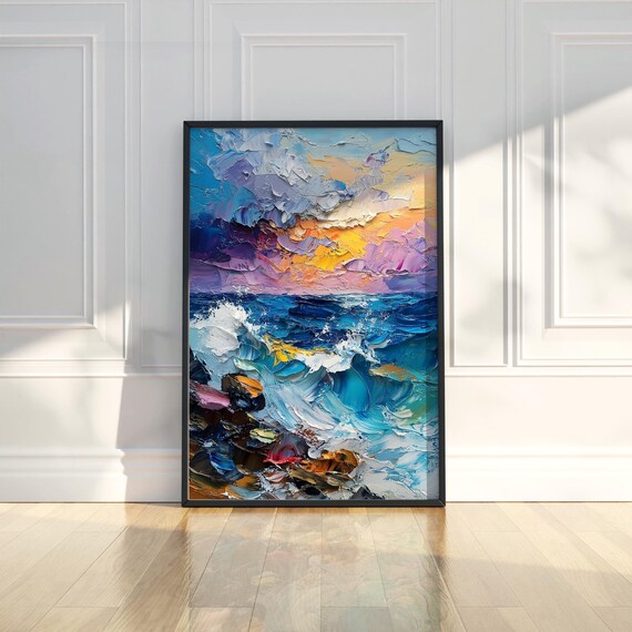 Ocean Sunset Waves Crashing Rocks Impasto Coastal Painting Poster