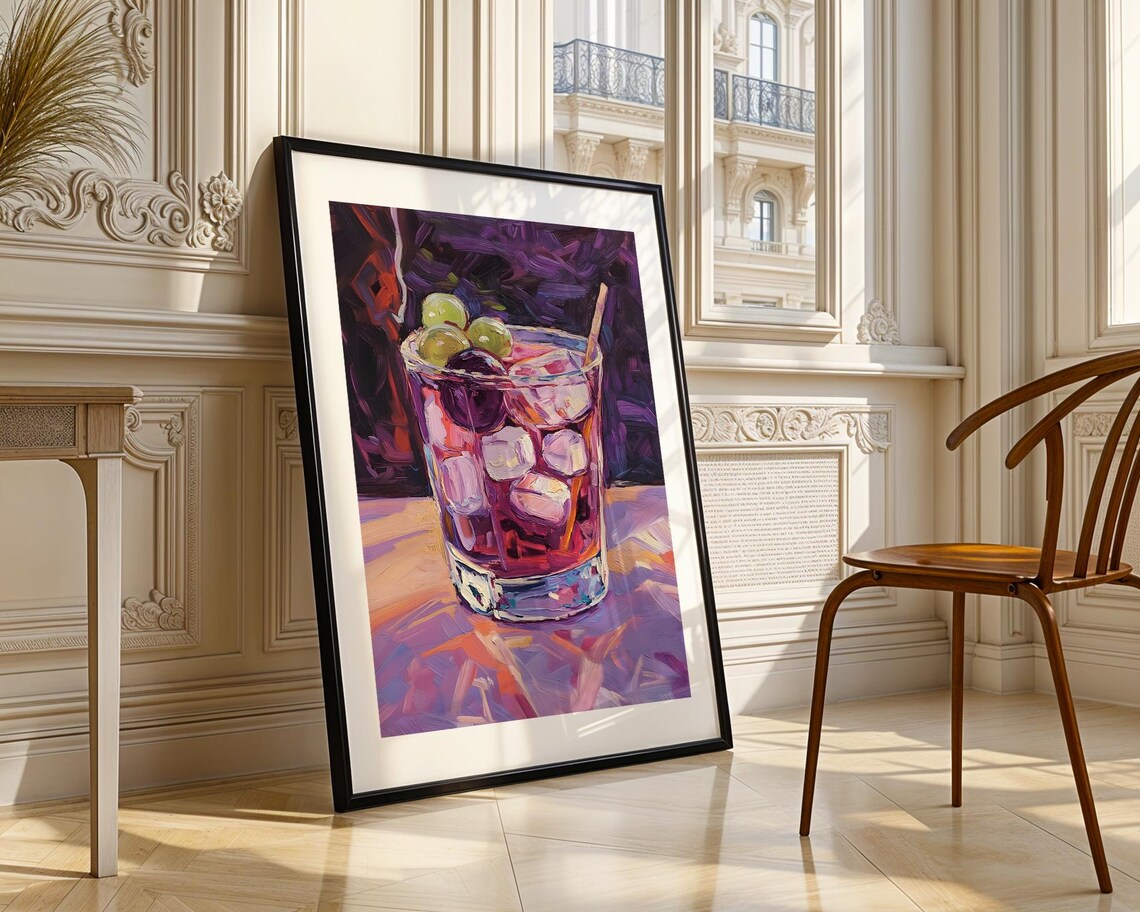 Fruit Cocktail Glass Ice Cubes Vibrant Purple Background Oil Painting Poster - Image 3