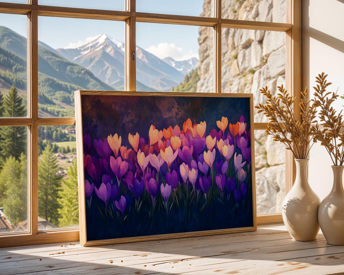 Vibrant Crocus Bloom Field Wall Art Moody Floral Poster For Living Room Office Bedroom Nursery Home Study Decor - Image 3