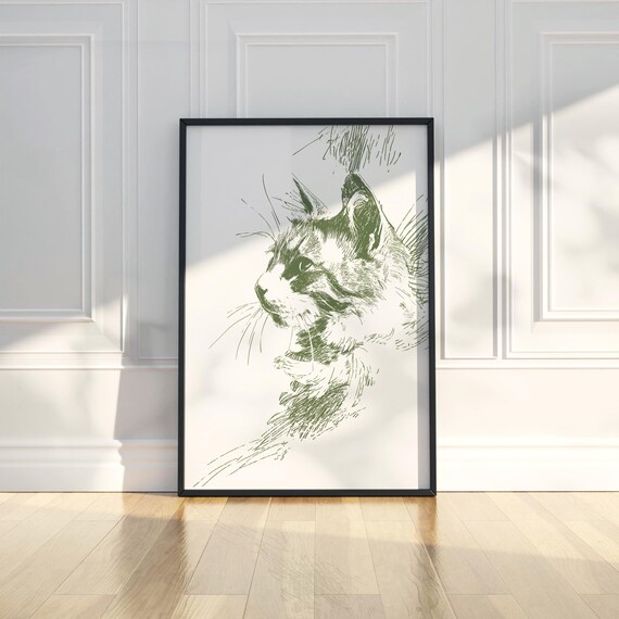 Cat Head Green Ink Sketch Feline Line Drawing Portrait Poster