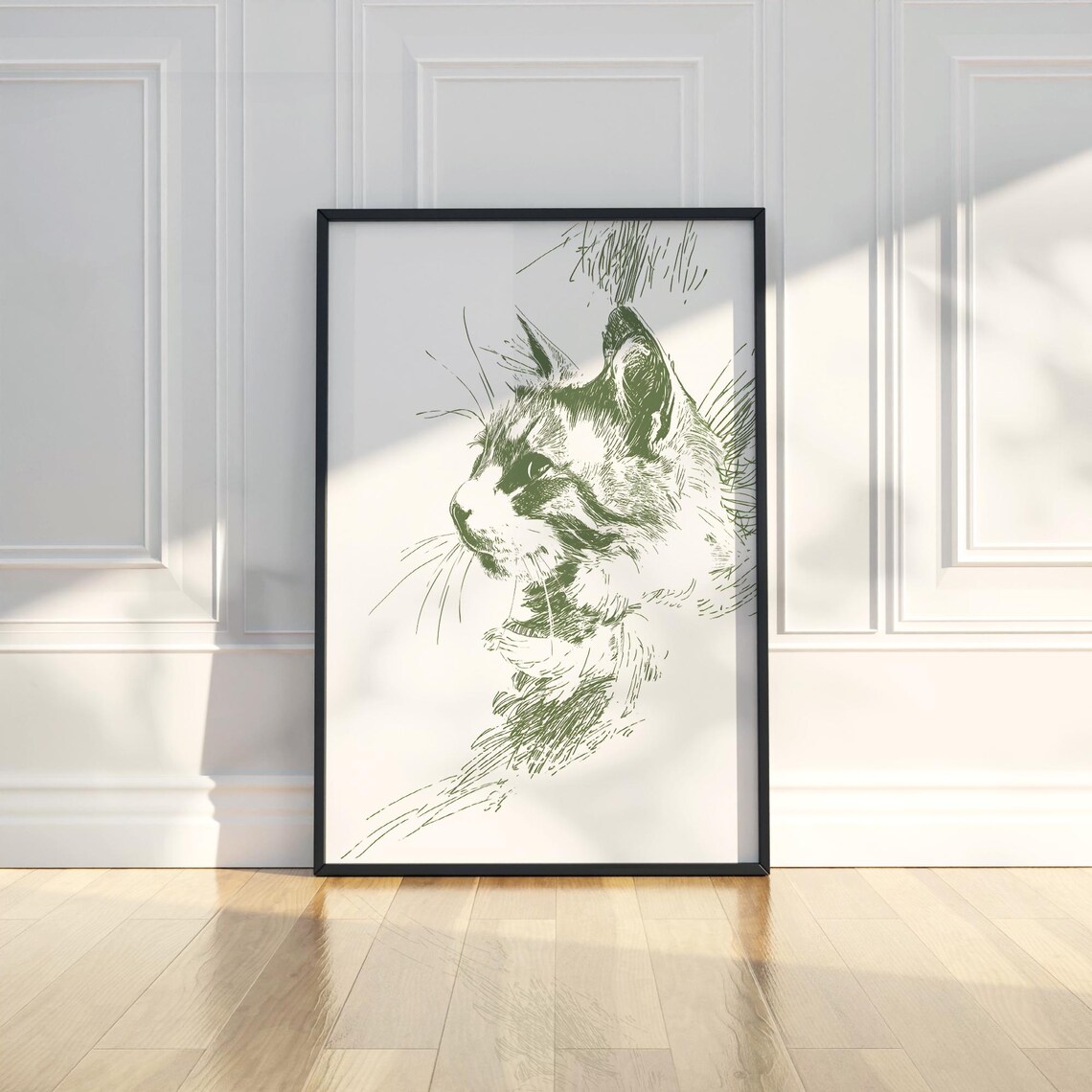 Cat Head Green Ink Sketch Feline Line Drawing Portrait Poster