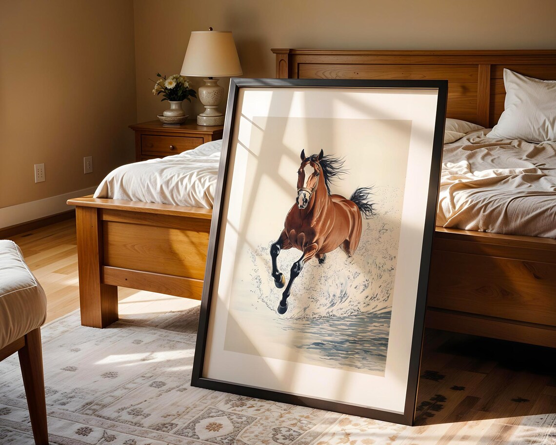 Running Horse Water Splash Brown Stallion Wildlife Painting Poster - Image 5