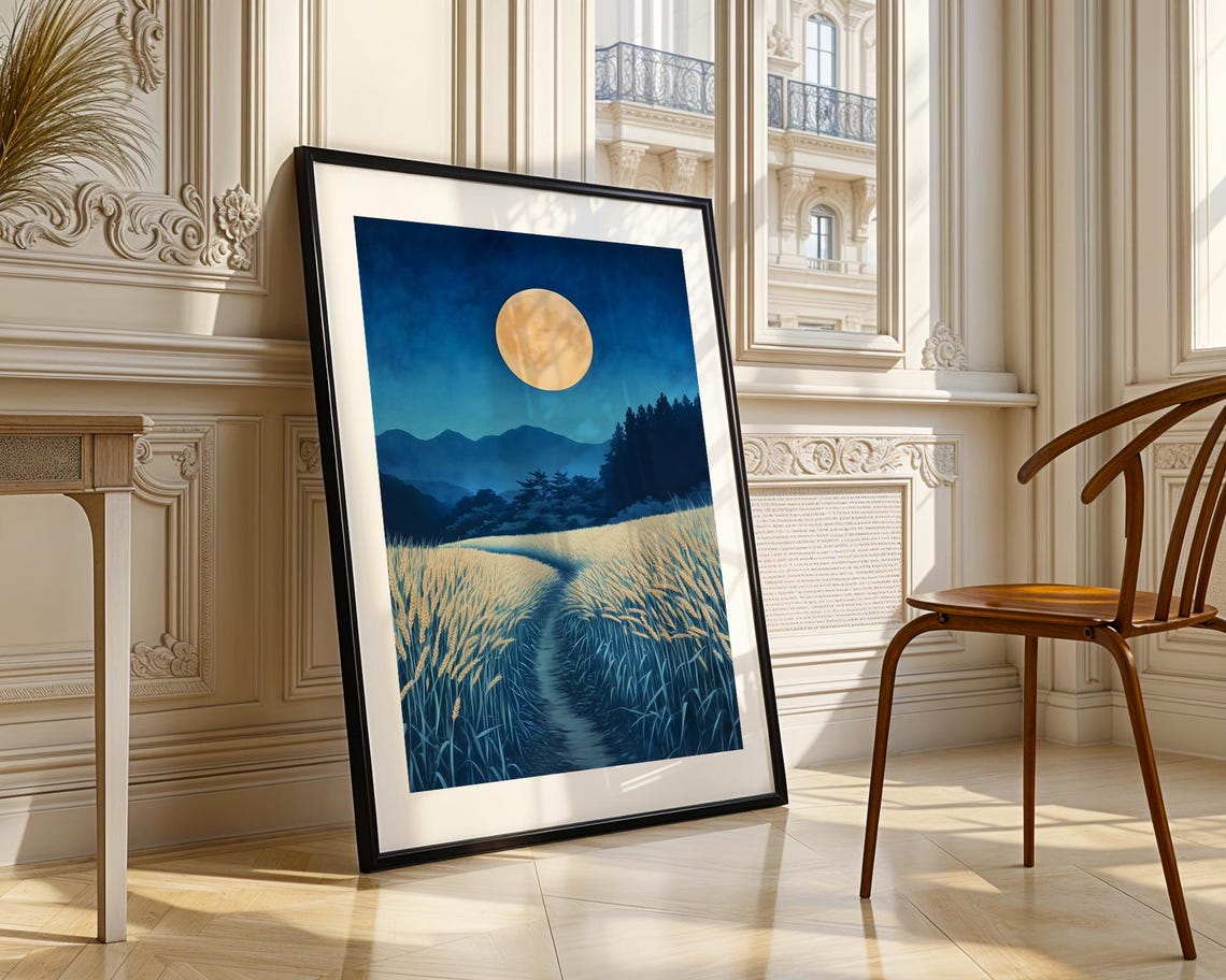 Calm Full Moon Over Golden Field Blue Night Landscape Poster - Image 3
